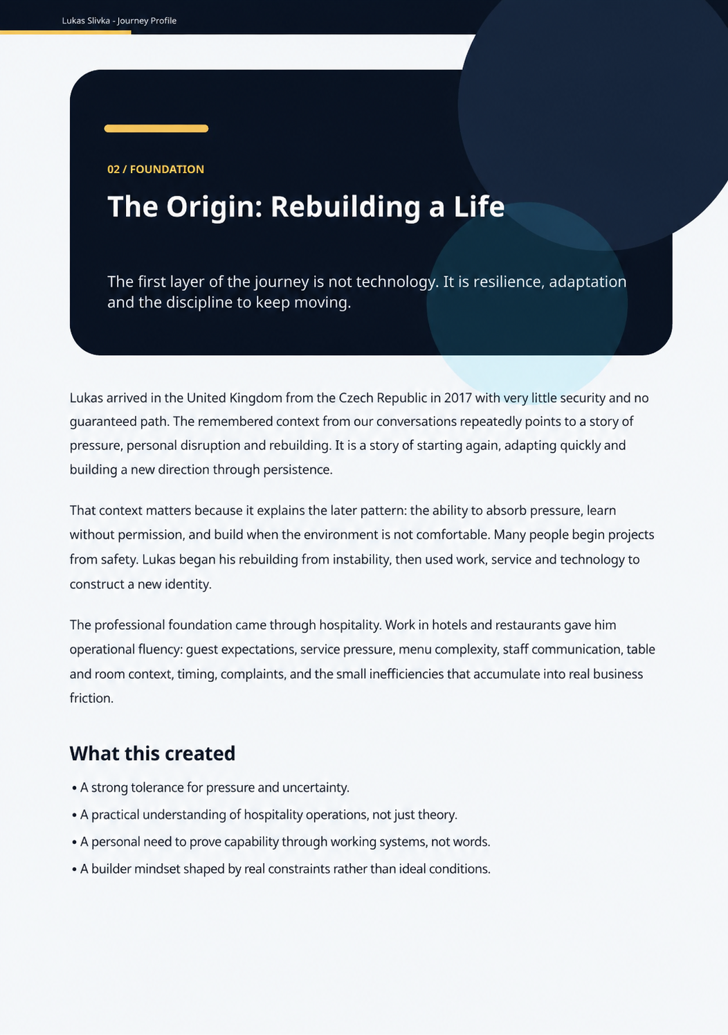 Origin page from Lukas Slivka Journey Profile