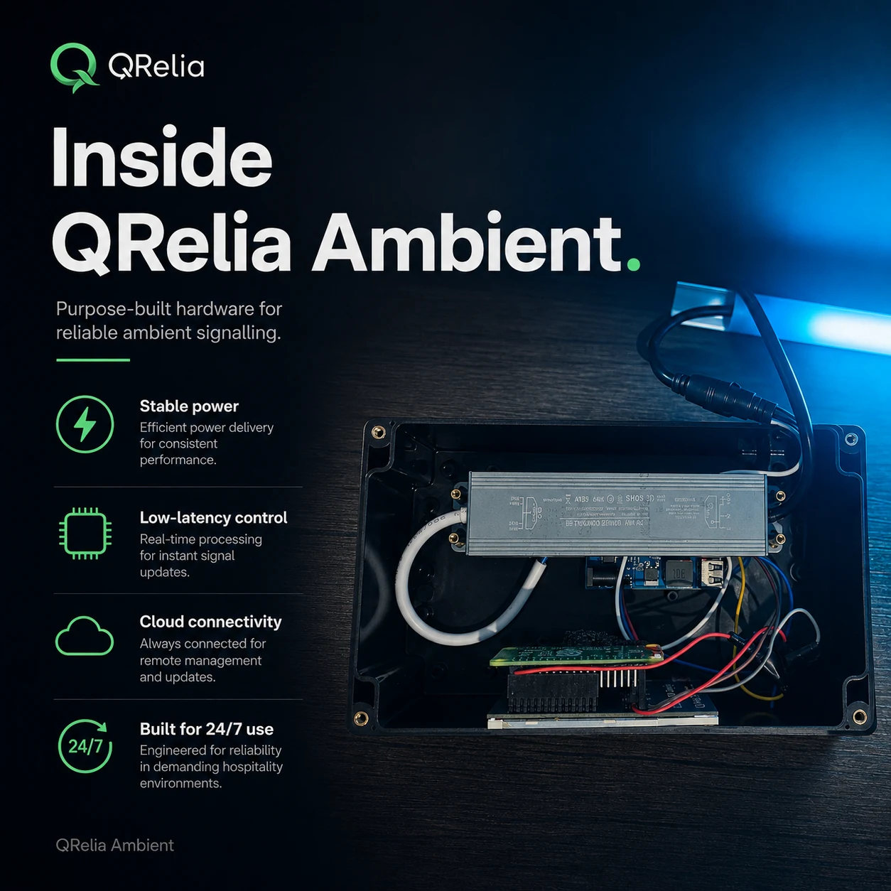 Inside the QRelia Ambient device showing its purpose-built Raspberry Pi based hardware