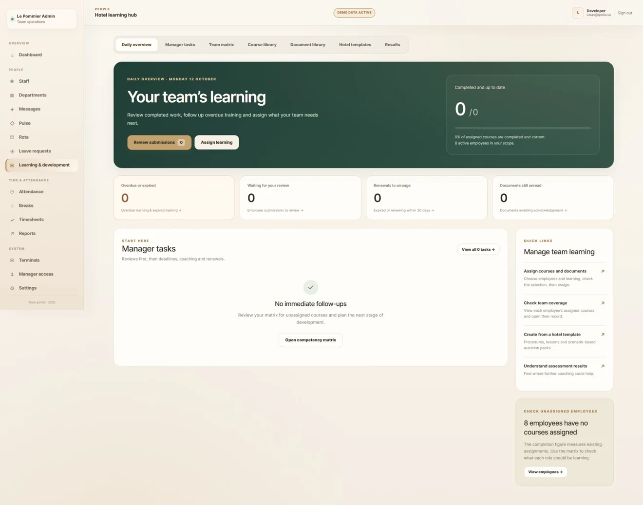 Pulse Learning Hub overview with manager learning workflow