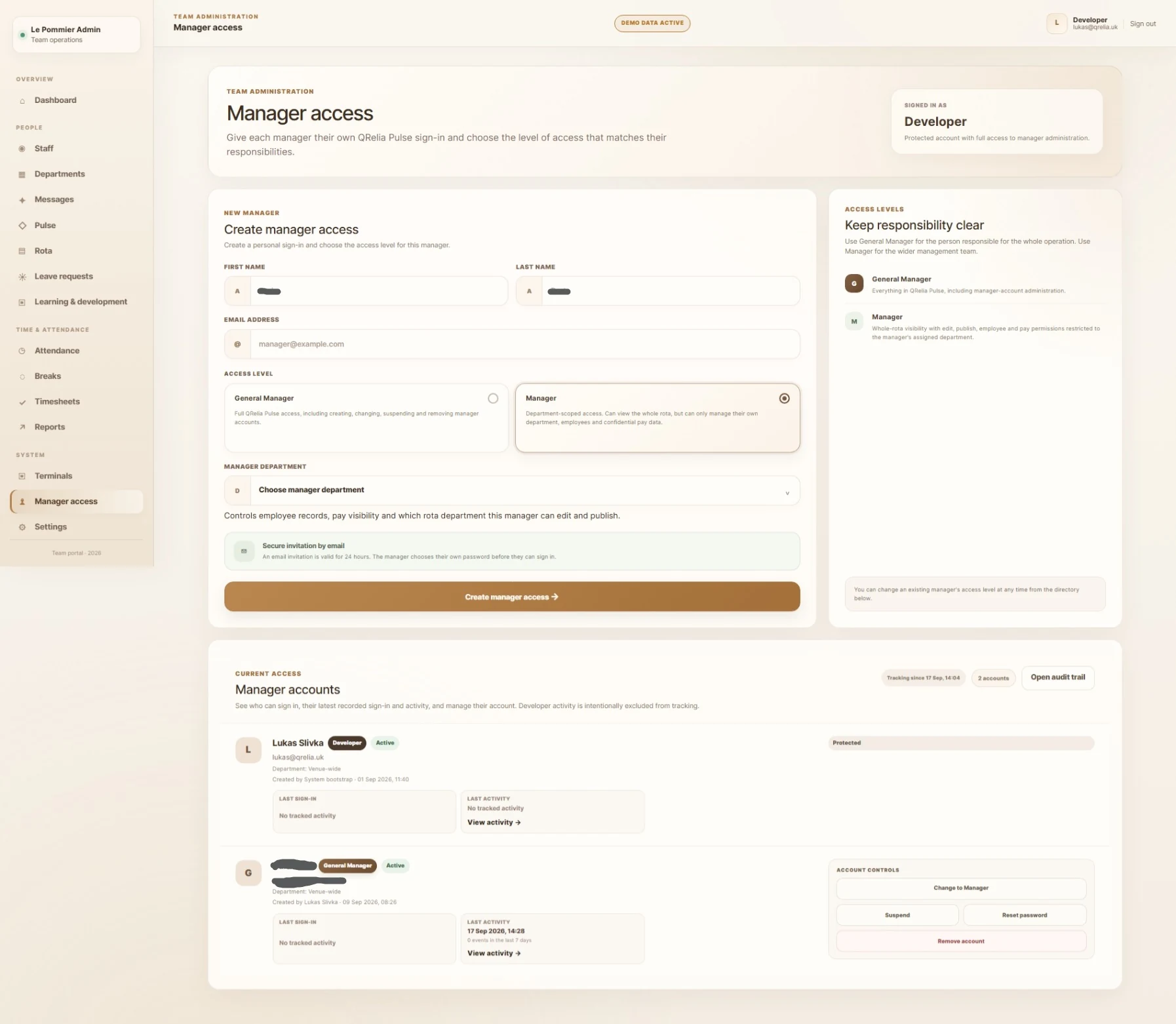 Manager access and permission management in the QRelia Pulse admin portal