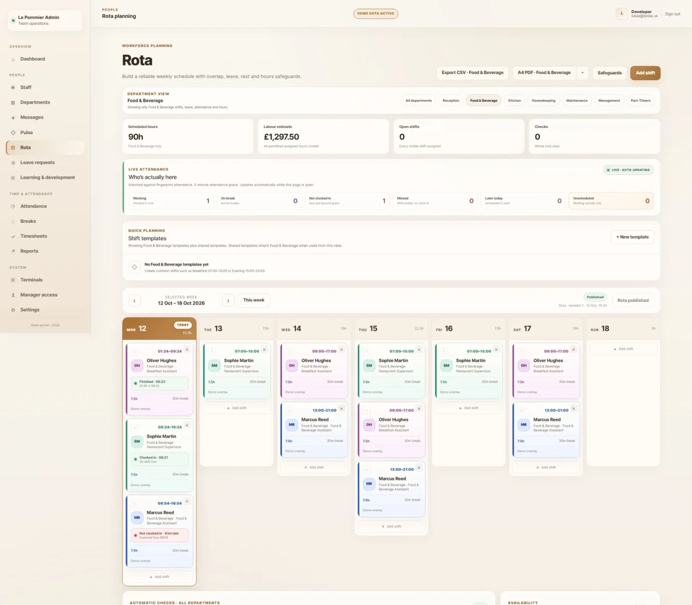 Actual QRelia Pulse rota management interface with department filters and scheduled shifts
