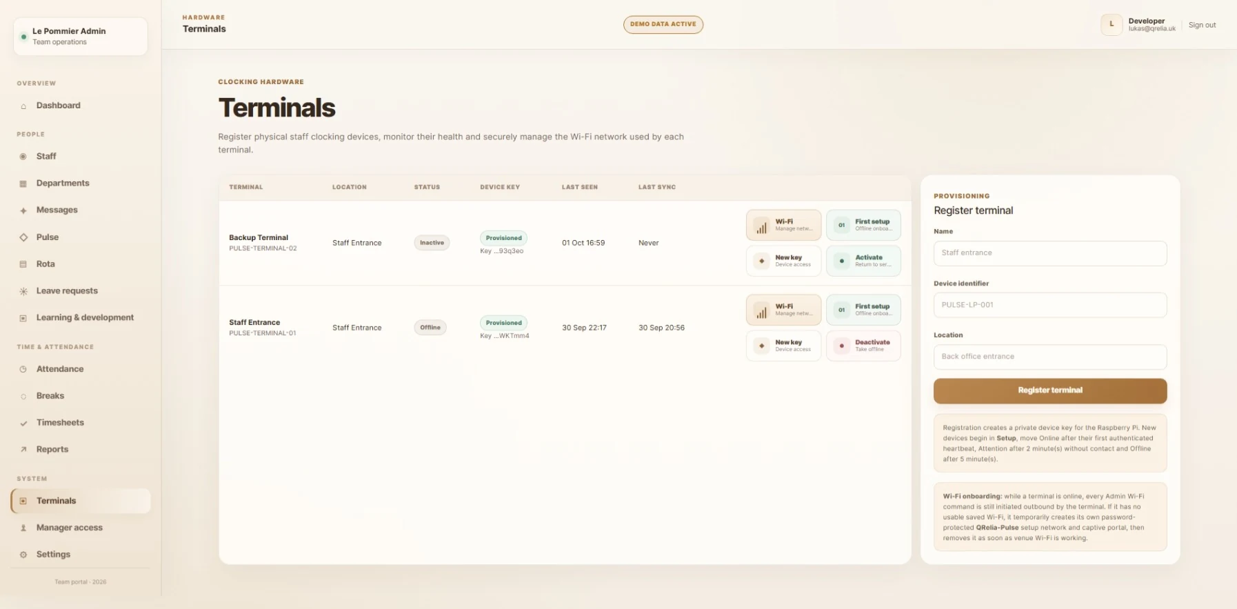 Terminal management screen in the QRelia Pulse admin portal