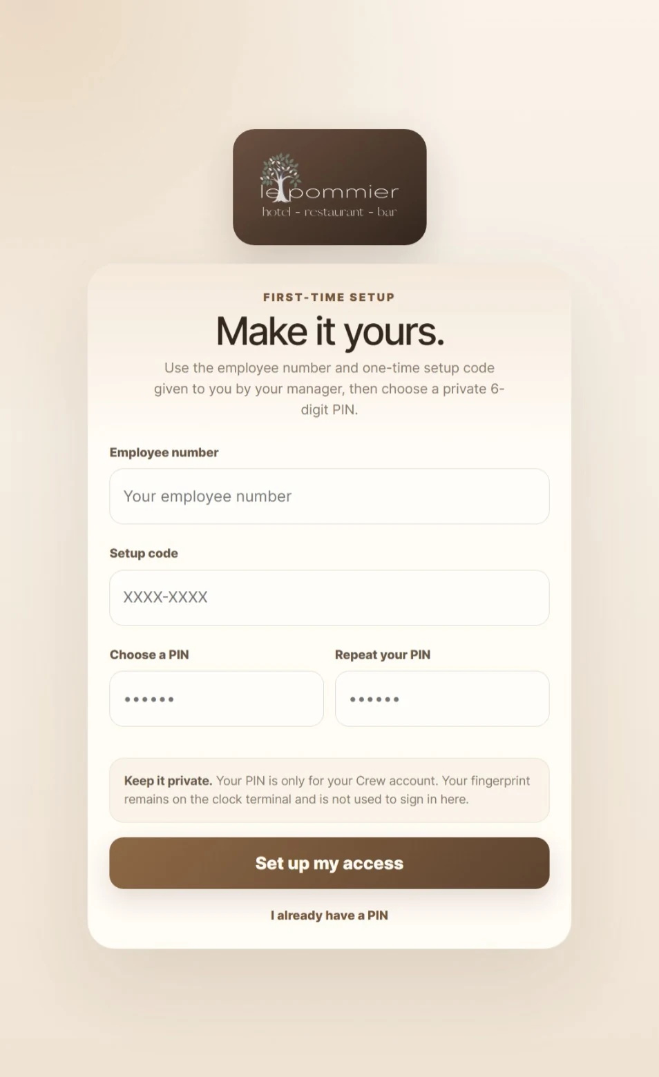 First-time setup screen for the QRelia Pulse Crew mobile experience