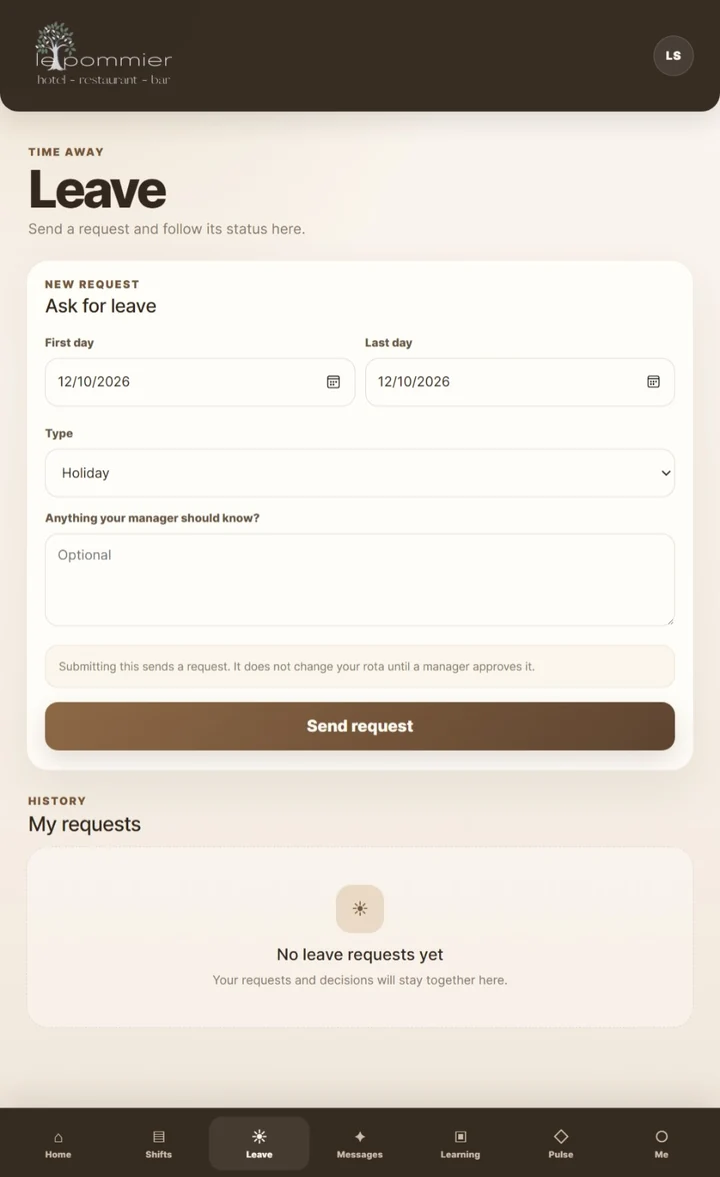 Crew mobile leave request screen