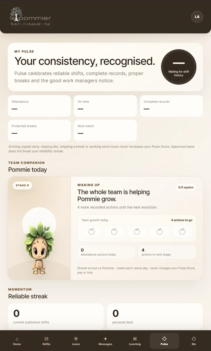 Real Crew app showing Pommie's growth, Pulse Score and reliable streaks